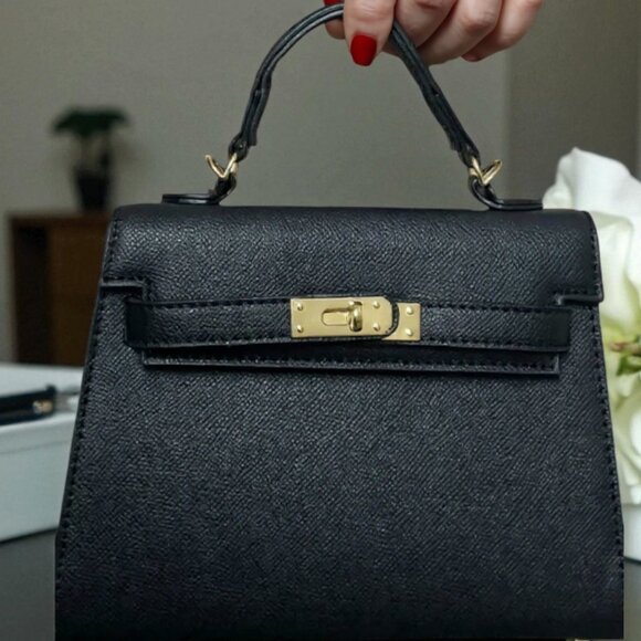 LUXE 4 LESS: Black Top-Handle Crossbody Bag Kelly Style (Vegan Leather) - Picture 2 of 3